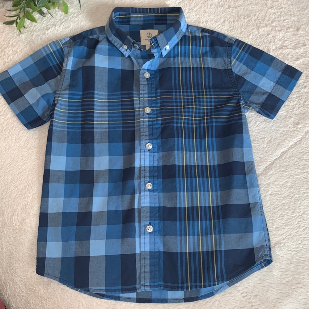 Land’s End Short Sleeve Blue Plaid Button Down Shirt 5/6 EUC
